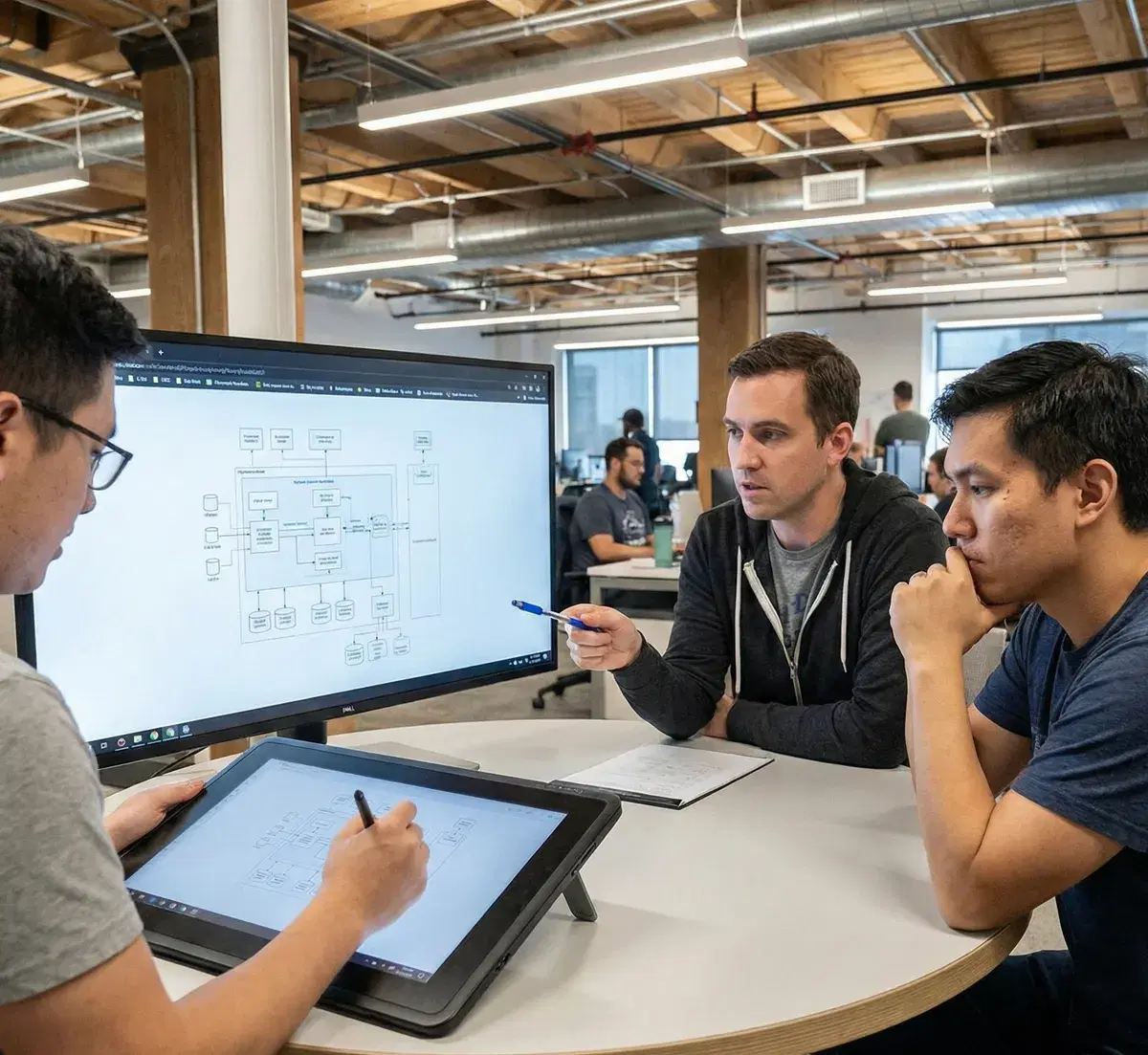 Technology team collaborating around a workstation