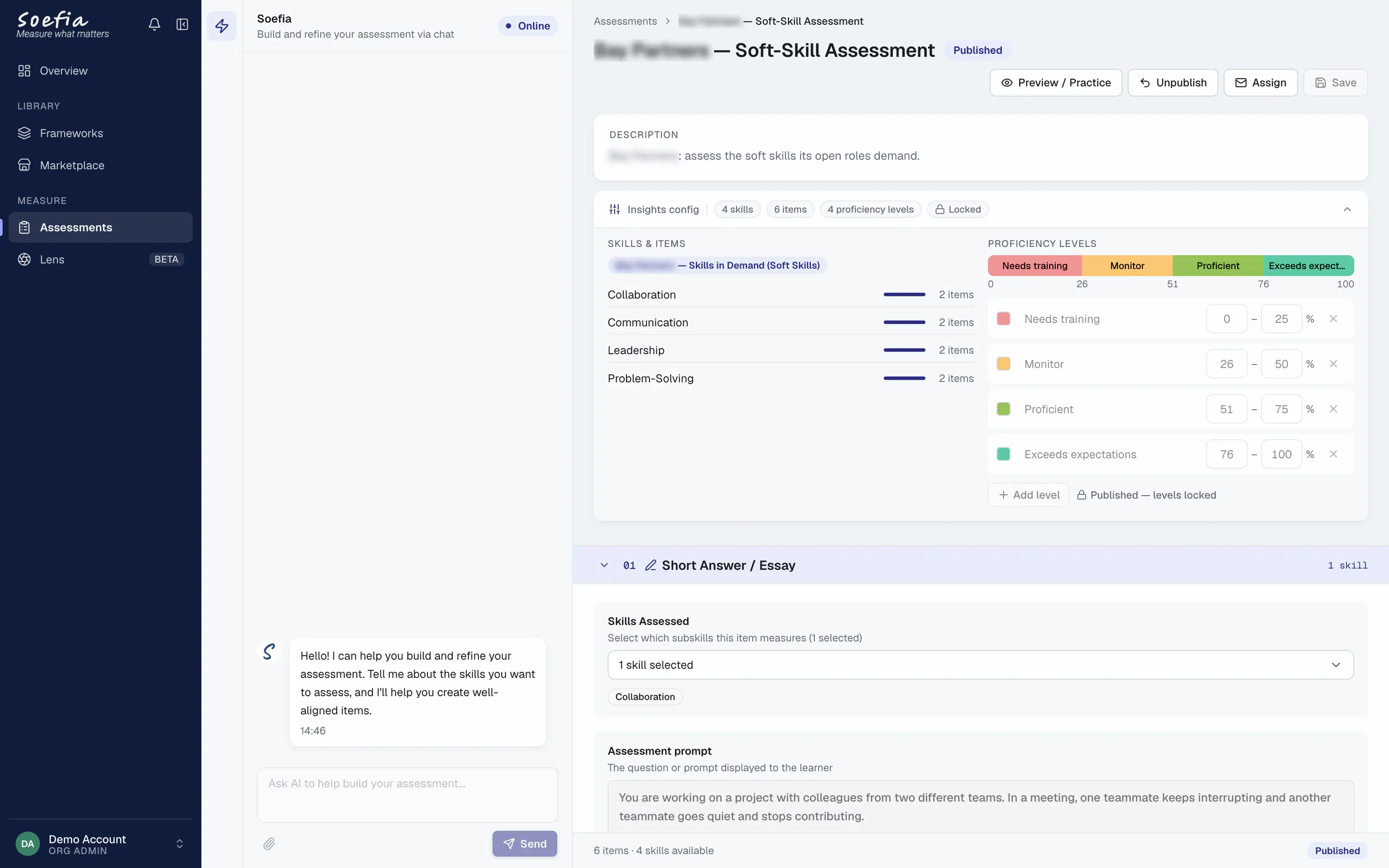 Assessment authoring in Soefia: skills and items mapped to a framework, with proficiency levels and an AI build assistant
