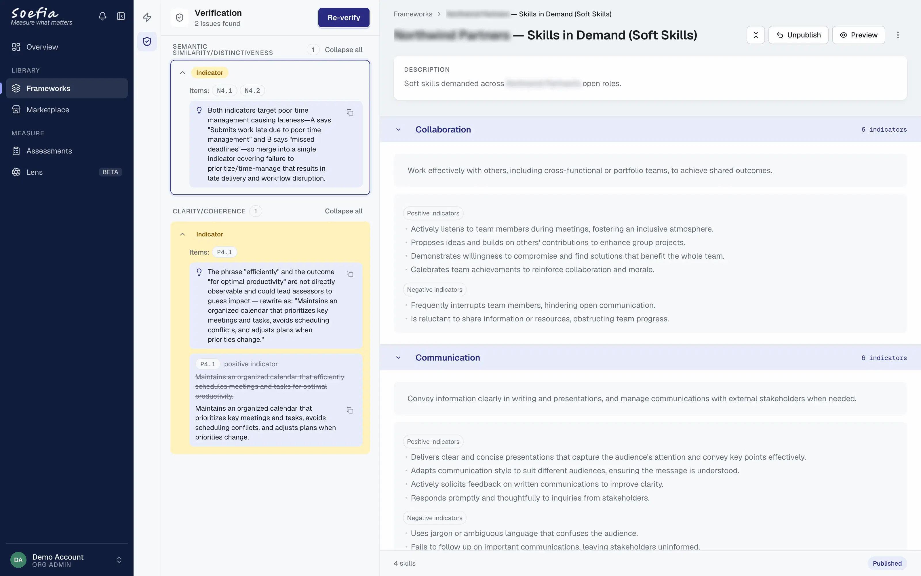 Framework authoring in Soefia: competencies with positive and negative behavioural indicators, alongside the AI authoring assistant