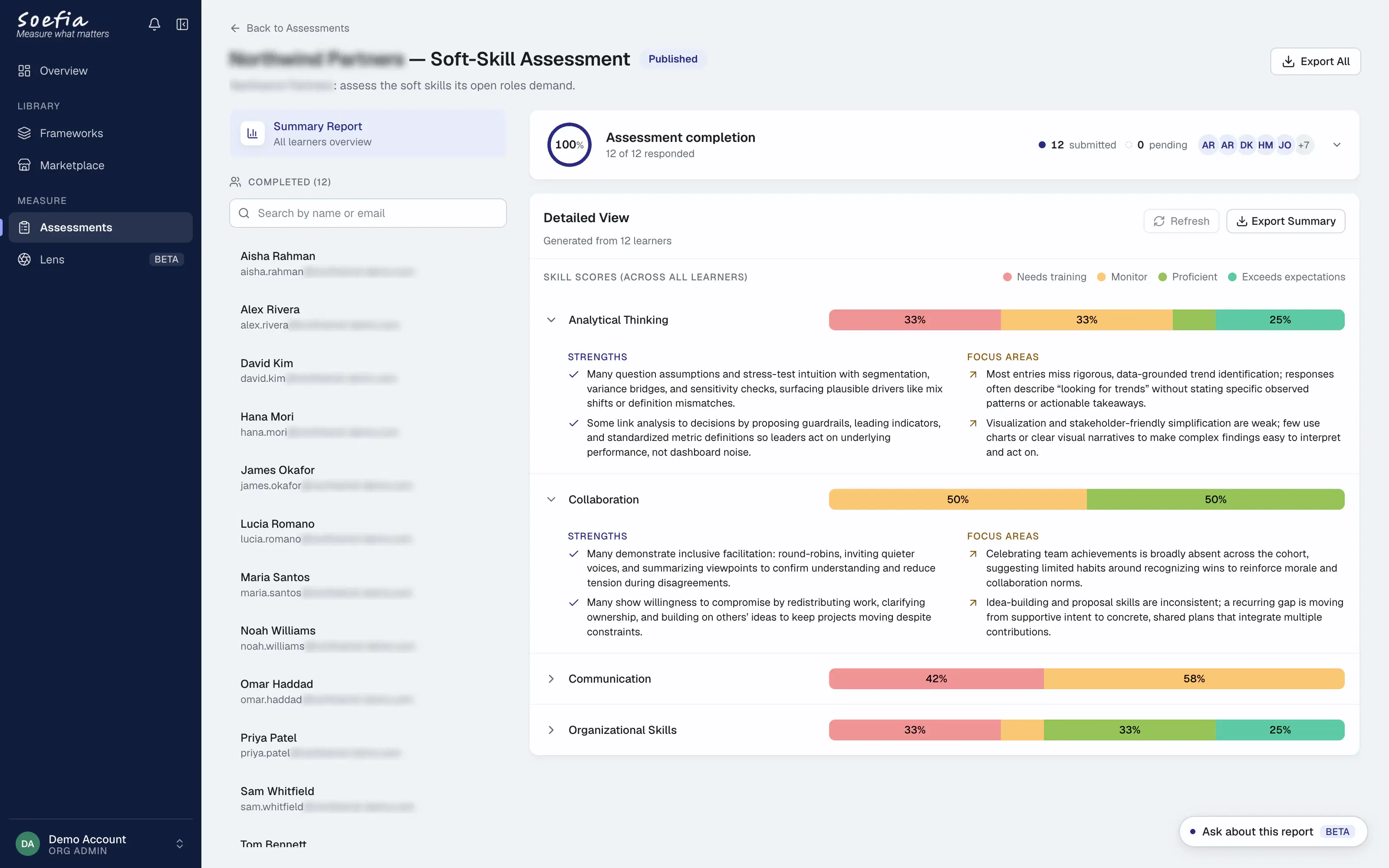 Organization-level skills intelligence in Soefia: per-skill score bands across all learners with strengths and focus areas