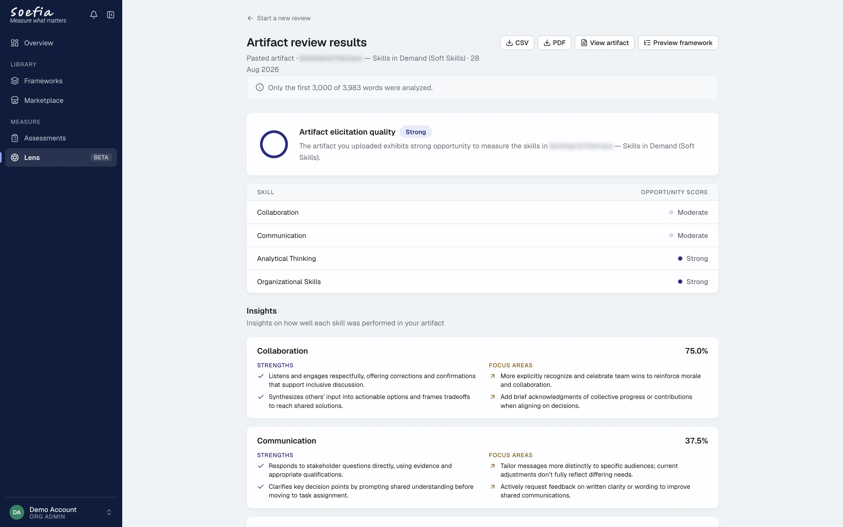 Lens artifact review in Soefia: elicitation quality, opportunity scores per skill, and evidence-backed insights